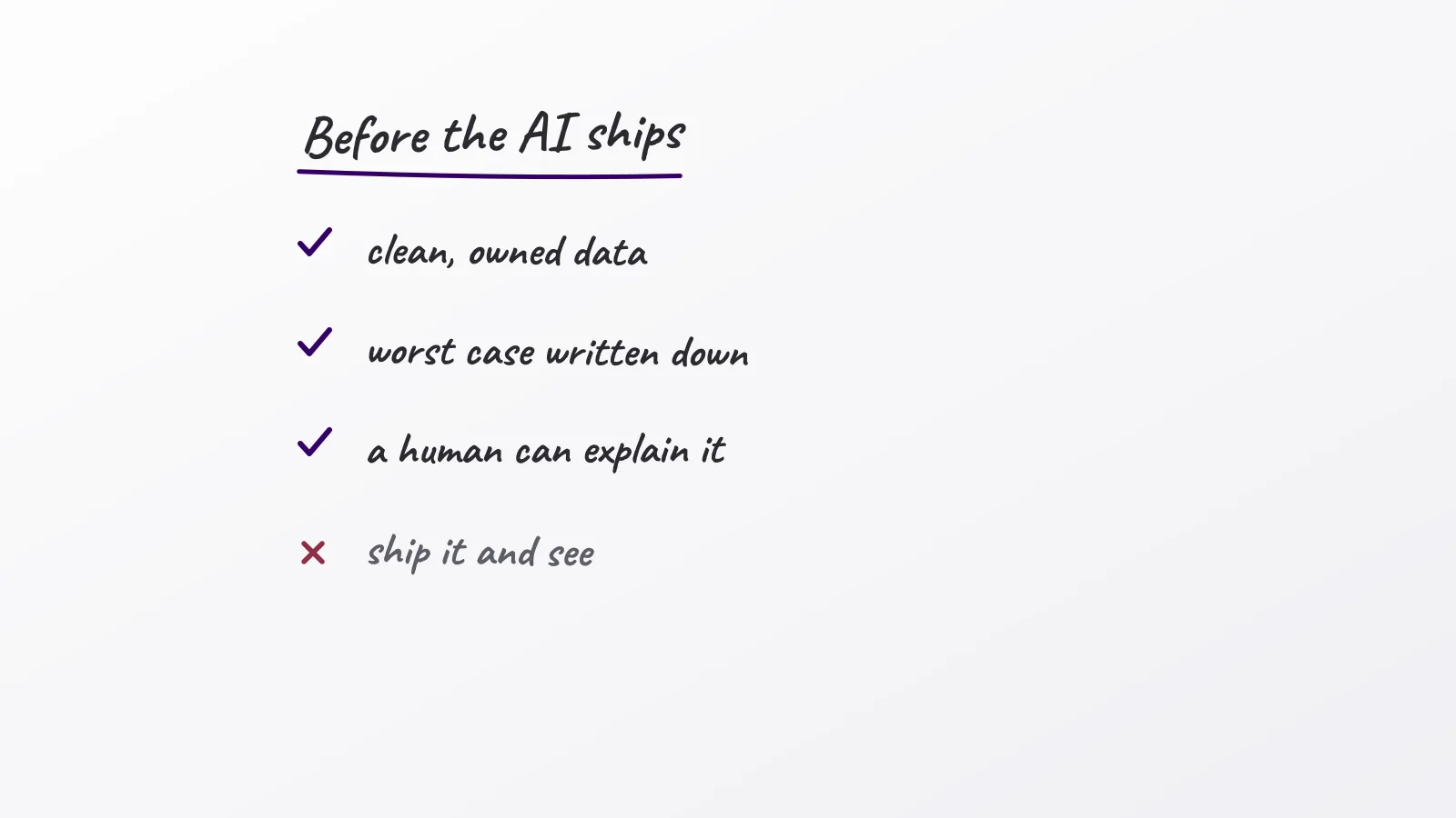 Hand-drawn whiteboard sketch: Before the AI ships; clean, owned data; worst case written down; a human can explain it; ship it and see